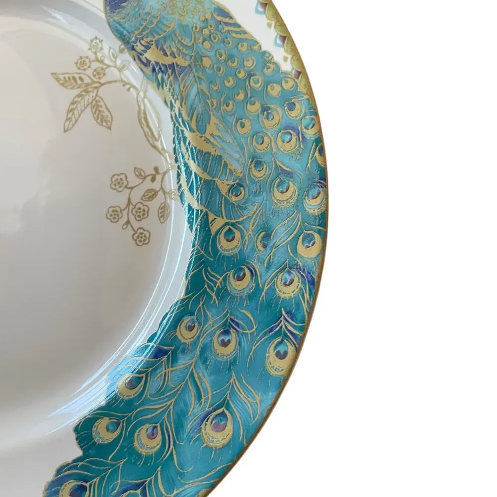 222 FIFTH Peacock Garden Porcelain Dinner Plate Set of 4 Gold Floral Scroll NEW